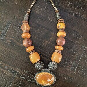 Vintage Amber Resin Wood Beaded Statement Necklace Boho Tribal Jewelry Chunky